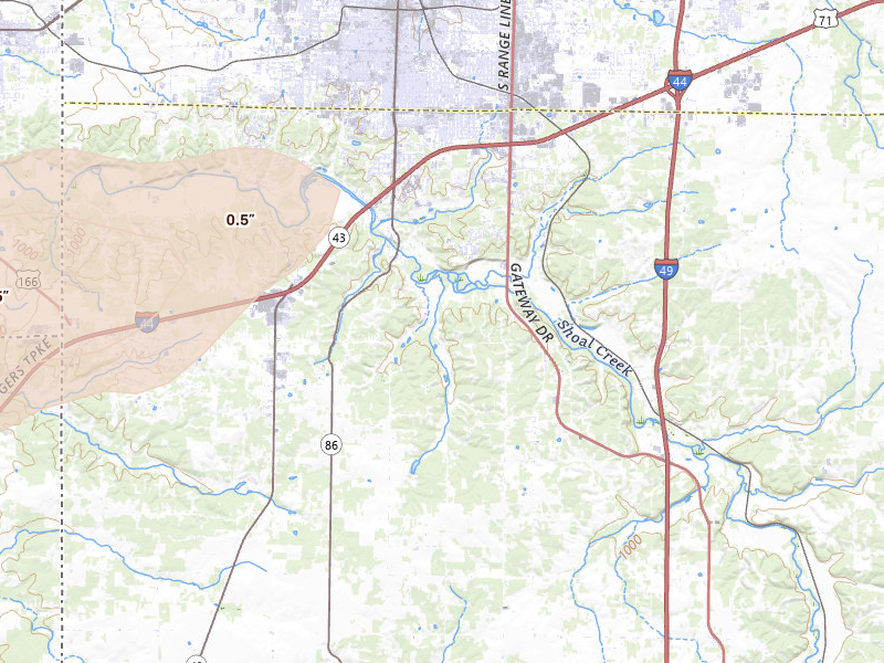Radar-estimated hail-size map of the storm over Joplin, MO on Apr 3, 2026