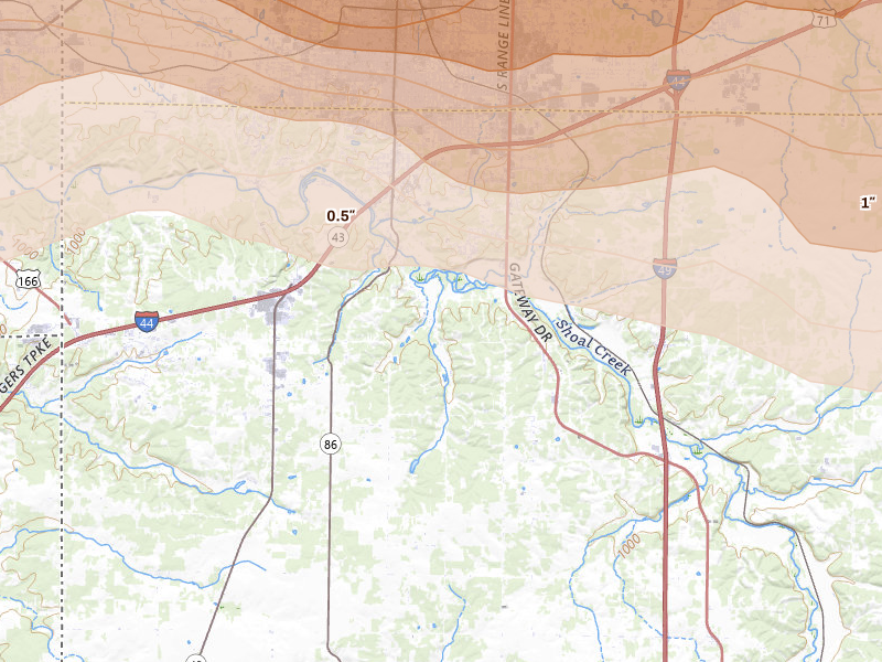 Radar-estimated hail-size map of the storm over Joplin, MO on Apr 26, 2026