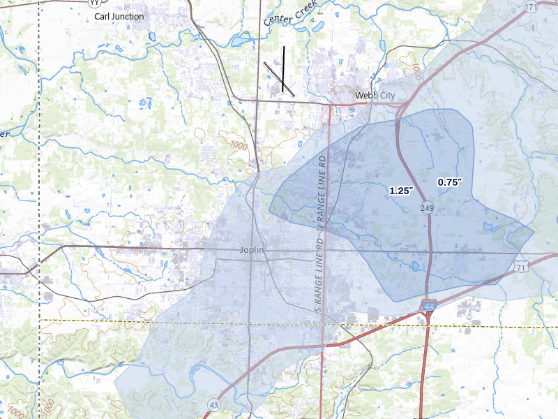 NEXRAD radar-signature map of the hail storm over Joplin, MO on Apr 28, 2026