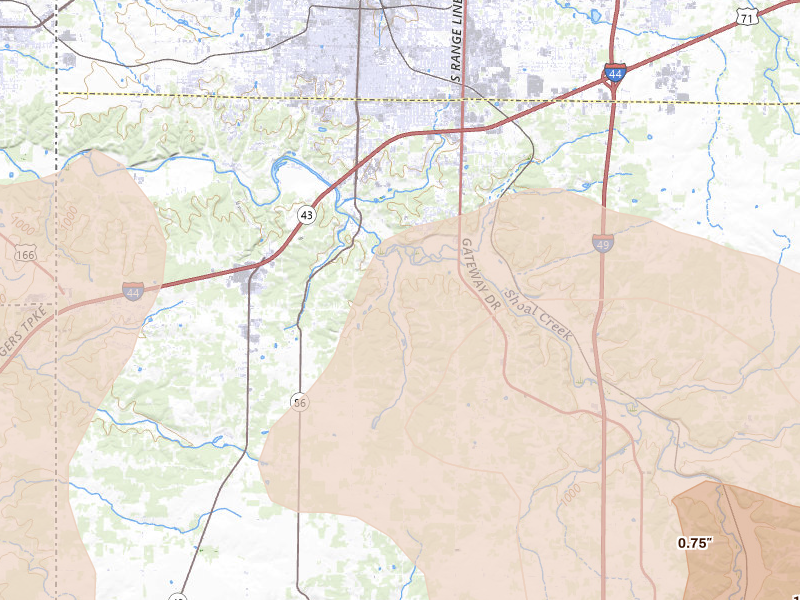 Radar-estimated hail-size map of the storm over Joplin, MO on Jun 7, 2026