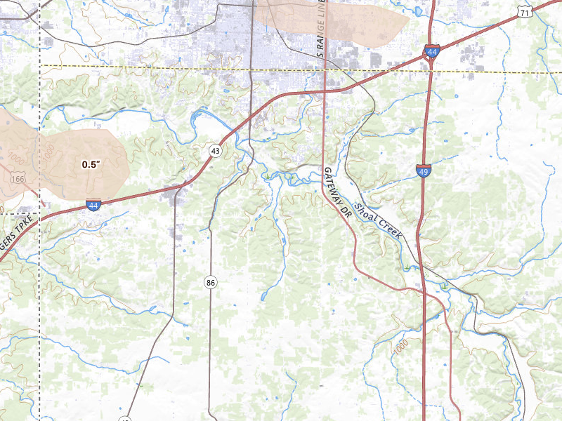 Radar-estimated hail-size map of the storm over Joplin, MO on Jun 11, 2026