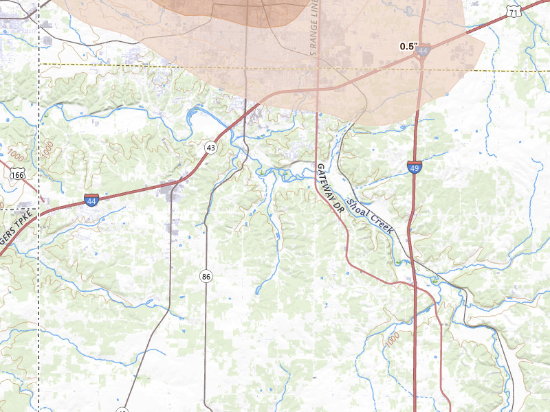 Radar-estimated hail-size map of the storm over Joplin, MO on Jun 25, 2026