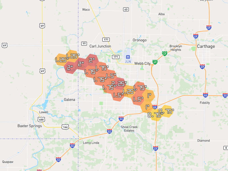 Hail map of Joplin, MO on Jun 26, 2026, hail up to 2.25"