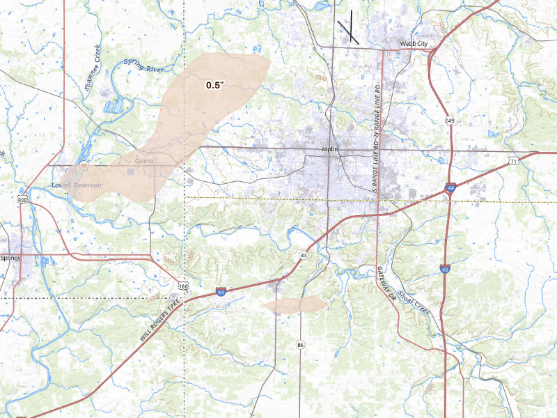 Radar-estimated hail-size map of the storm over Joplin, MO on Sep 20, 2026