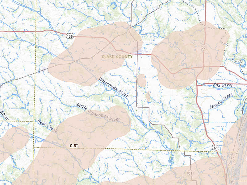 Radar-estimated hail-size map of the storm over Kahoka, MO on Jun 10, 2026