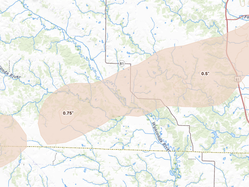 Radar-estimated hail-size map of the storm over Kahoka, MO on Jun 11, 2026