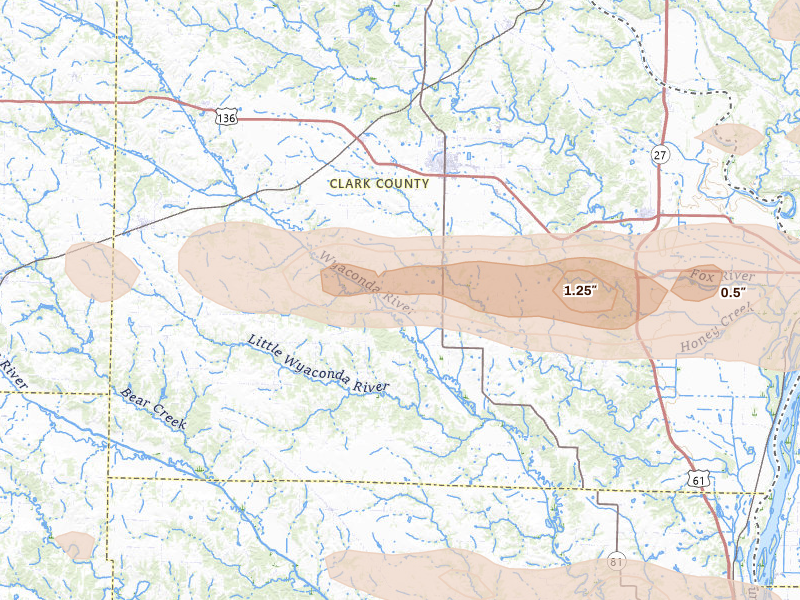 Radar-estimated hail-size map of the storm over Kahoka, MO on Jun 17, 2026