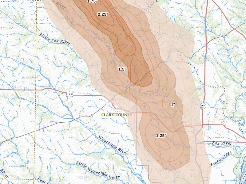 Radar-estimated hail-size map of the storm over Kahoka, MO on Aug 7, 2026