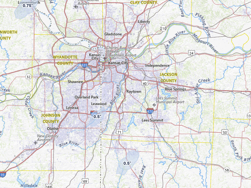 NEXRAD radar-signature map of the hail storm over Kansas City, MO on Mar 5, 2026