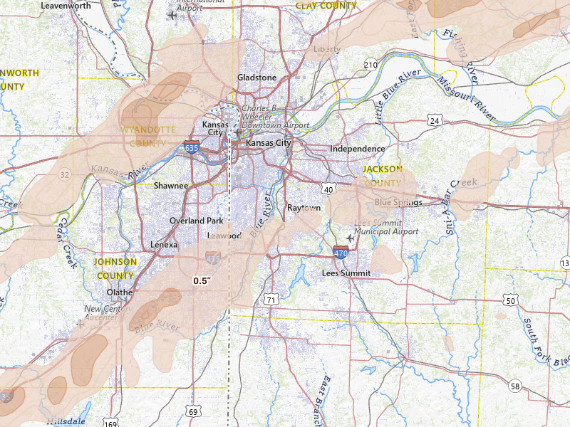 Radar-estimated hail-size map of the storm over Kansas City, MO on Mar 10, 2026