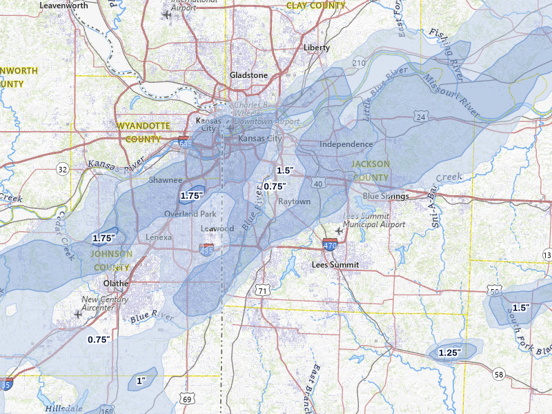 NEXRAD radar-signature map of the hail over Kansas City, MO