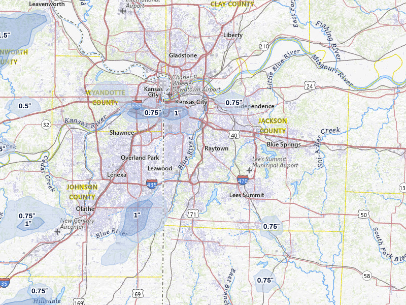 NEXRAD radar-signature map of the hail over Kansas City, MO