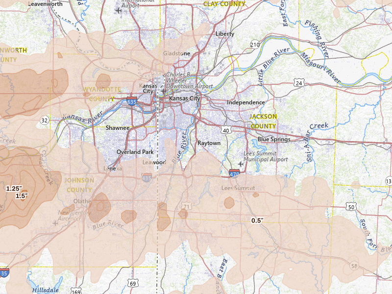 Radar-estimated hail-size map of the storm over Kansas City, MO on Apr 26, 2026