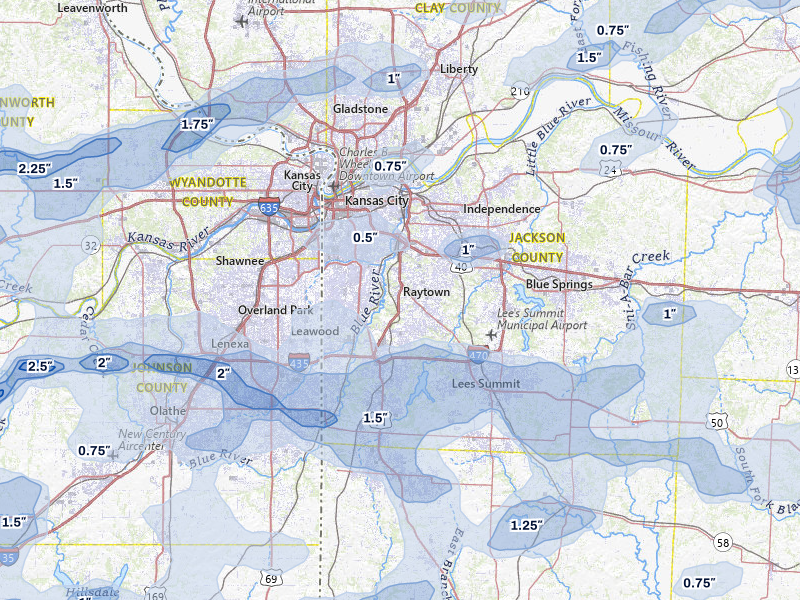 NEXRAD radar-signature map of the hail over Kansas City, MO