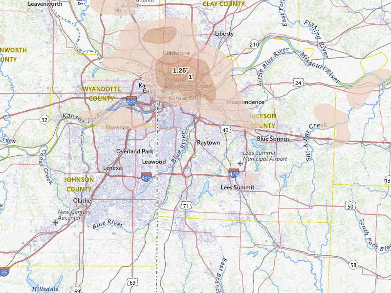 Radar-estimated hail-size map of the storm over Kansas City, MO on May 31, 2026