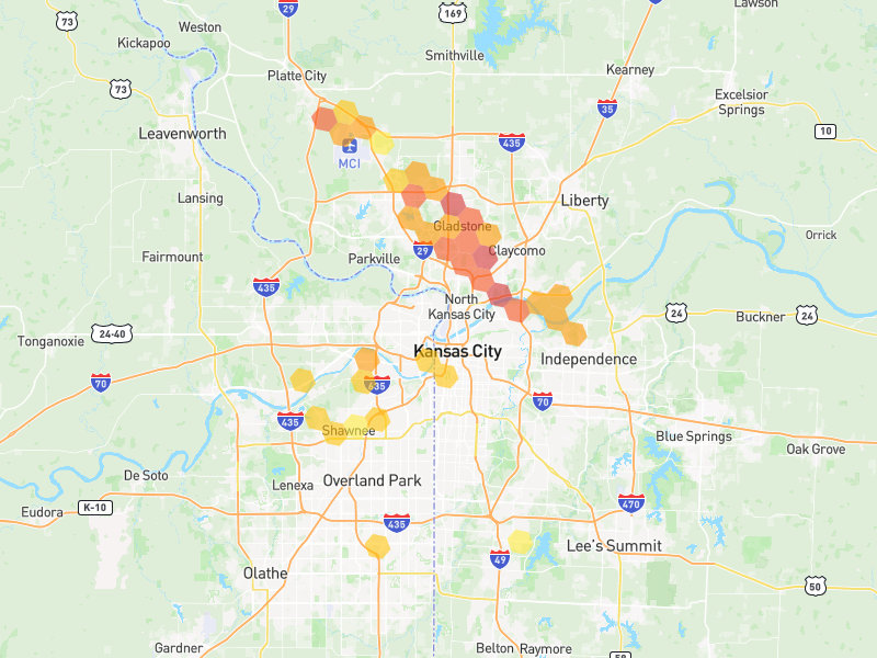 Hail map of Kansas City, MO on Jun 1, 2026, hail up to 2.25"