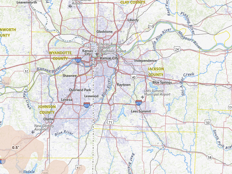 Radar-estimated hail-size map of the storm over Kansas City, MO on Jun 8, 2026