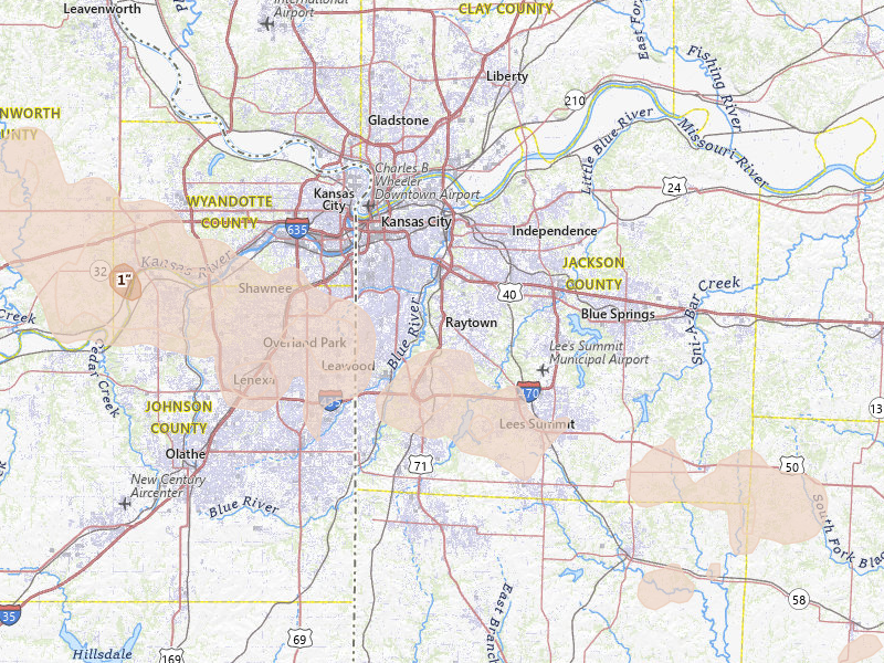 Radar-estimated hail-size map of the storm over Kansas City, MO on Jul 8, 2026