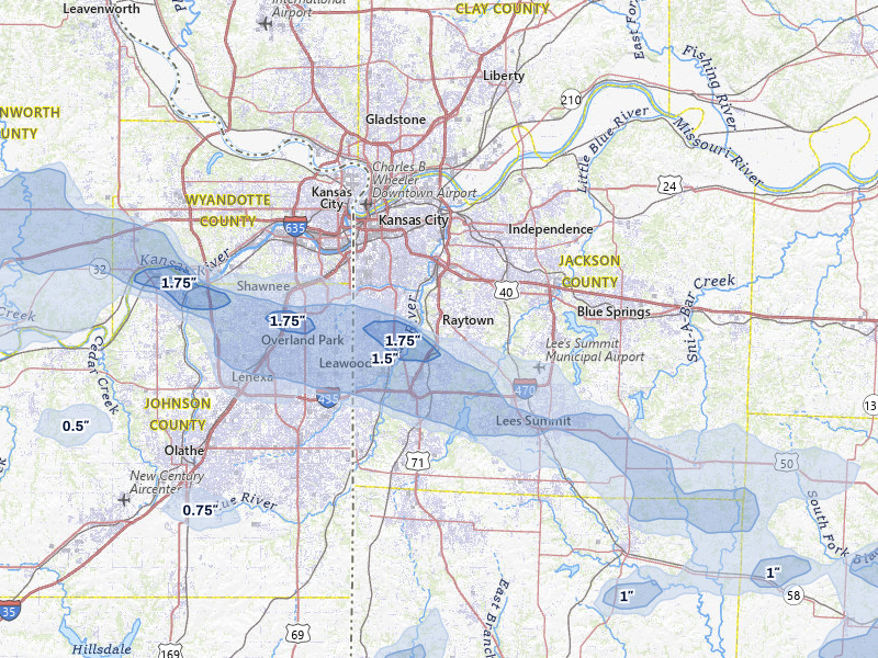 NEXRAD radar-signature map of the hail storm over Kansas City, MO on Jul 8, 2026