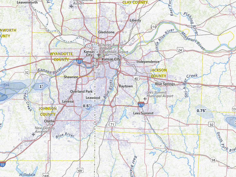 NEXRAD radar-signature map of the hail storm over Kansas City, MO on Jul 9, 2026