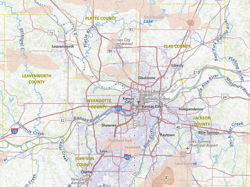 Radar-estimated hail-size map of the storm over Kansas City, MO on Aug 5, 2026