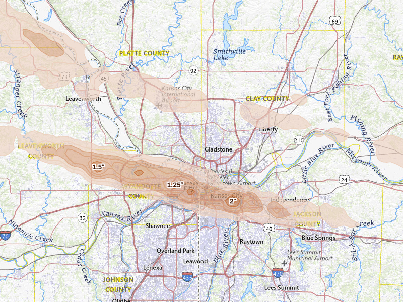 Radar-estimated hail-size map of the storm over Kansas City, MO on Aug 18, 2026
