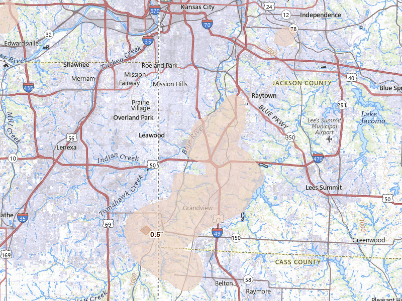 Radar-estimated hail-size map of the storm over Kansas City, MO