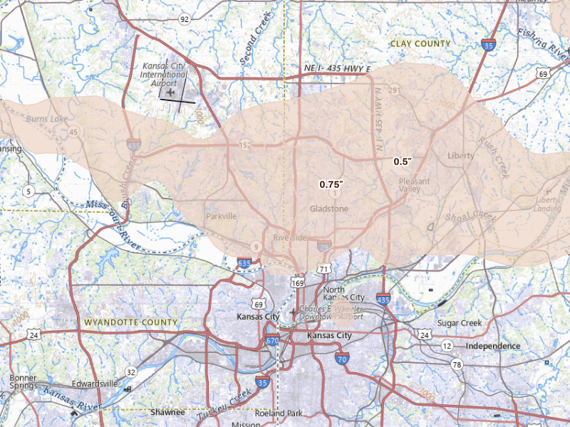 Radar-estimated hail-size map of the storm over Kansas City, MO