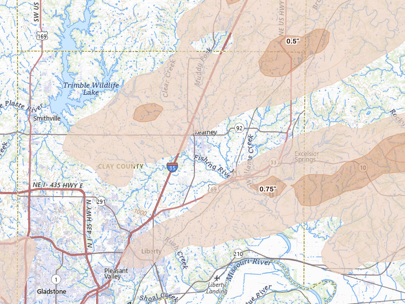 Radar-estimated hail-size map of the storm over Kearney, MO on Mar 10, 2026