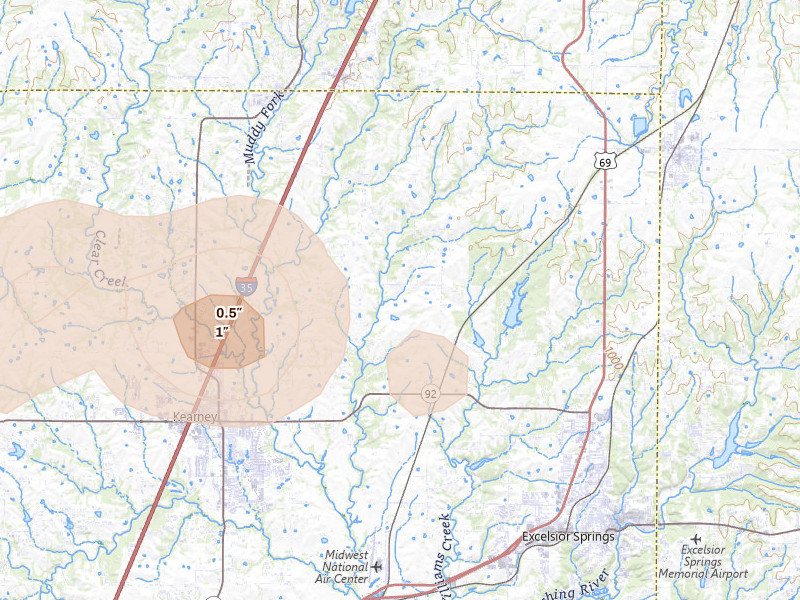 Radar-estimated hail-size map of the storm over Kearney, MO on Aug 5, 2026