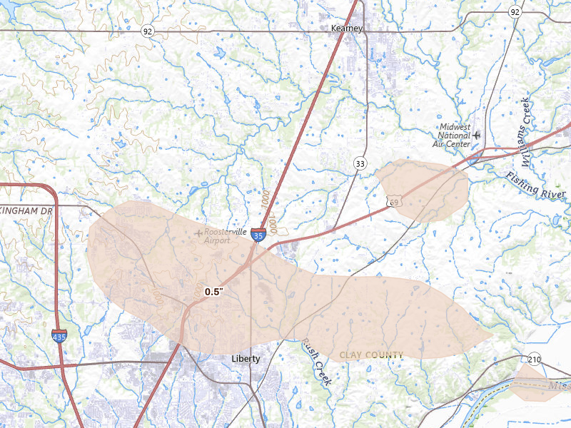 Radar-estimated hail-size map of the storm over Kearney, MO on Aug 18, 2026