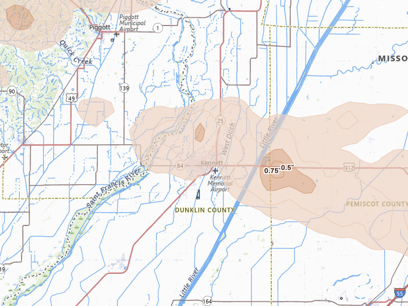 Radar-estimated hail-size map of the storm over Kennett, MO on Apr 16, 2026