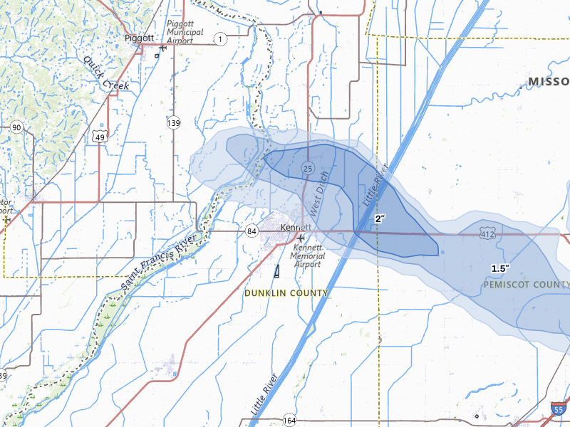 NEXRAD radar-signature map of the hail storm over Kennett, MO on Apr 16, 2026
