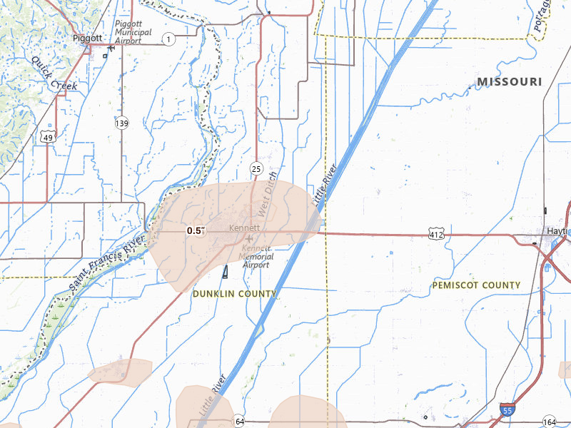 Radar-estimated hail-size map of the storm over Kennett, MO on Apr 27, 2026