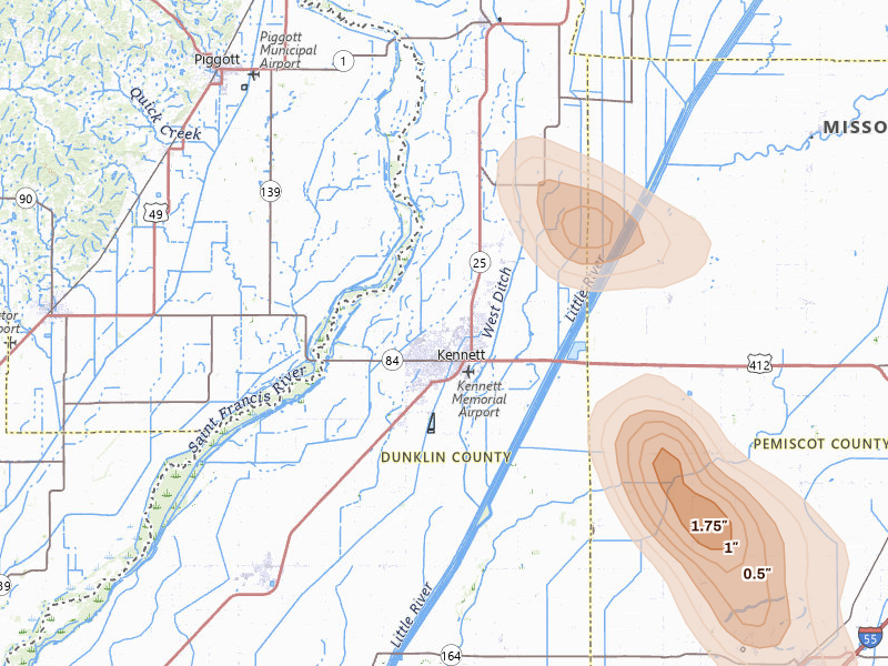 Radar-estimated hail-size map of the storm over Kennett, MO on May 31, 2026