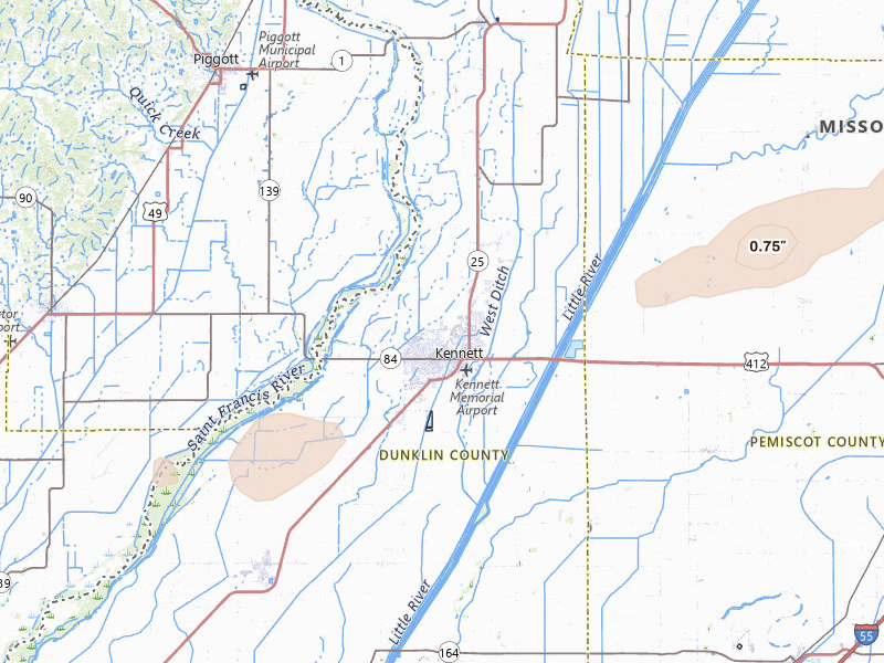 Radar-estimated hail-size map of the storm over Kennett, MO on Jul 4, 2026