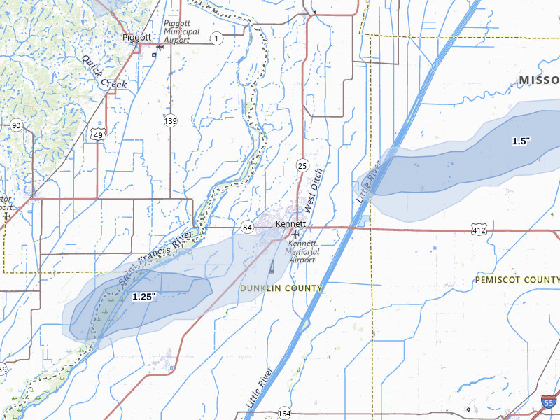 NEXRAD radar-signature map of the hail storm over Kennett, MO on Jul 4, 2026