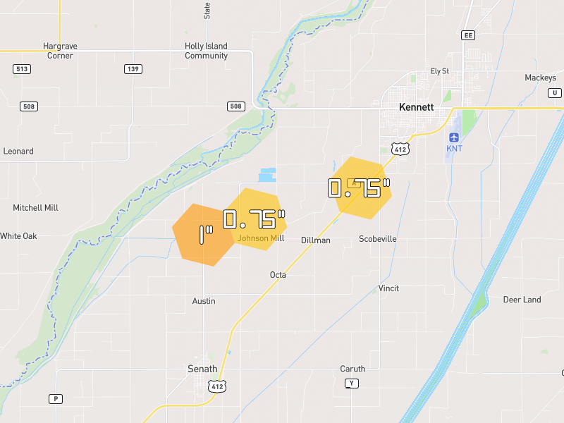 Hail map of Kennett, MO on Jul 4, 2026, hail up to 1"