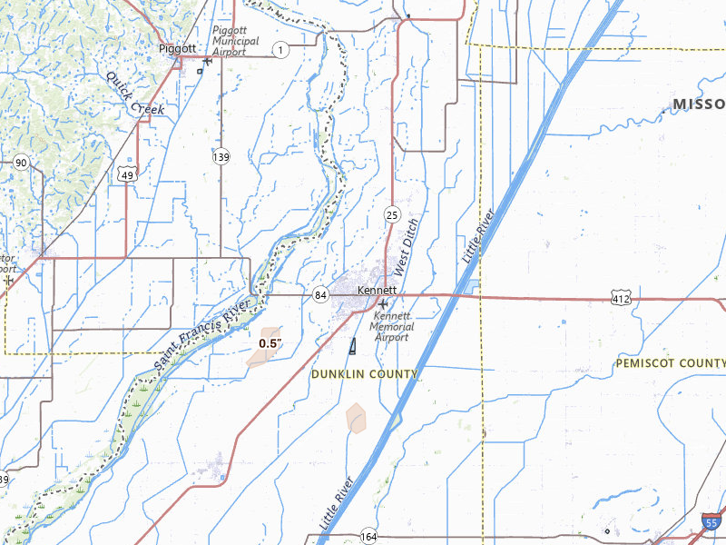 Radar-estimated hail-size map of the storm over Kennett, MO on Jul 7, 2026
