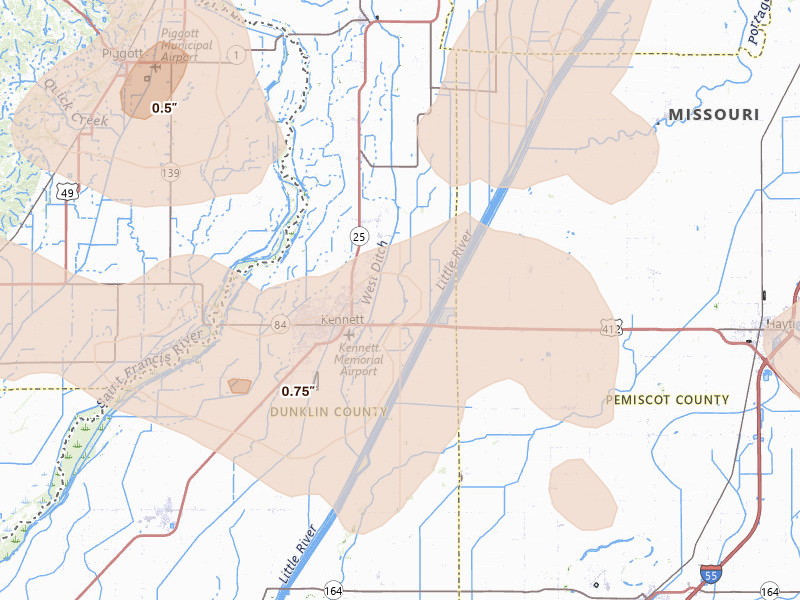 Radar-estimated hail-size map of the storm over Kennett, MO on Jul 9, 2026