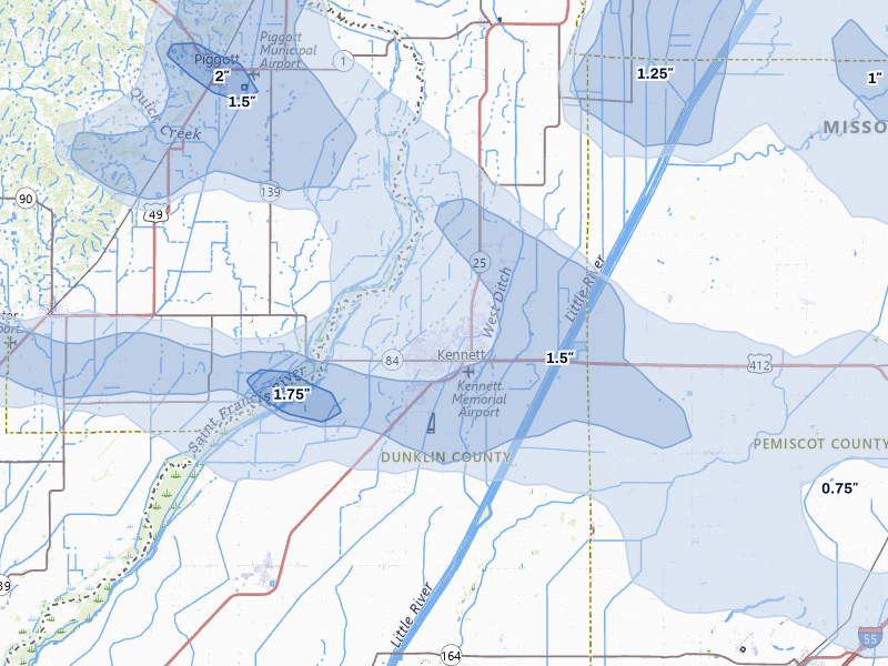 NEXRAD radar-signature map of the hail storm over Kennett, MO on Jul 9, 2026