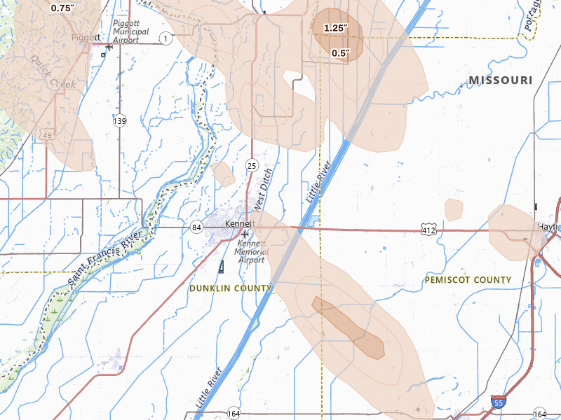 Radar-estimated hail-size map of the storm over Kennett, MO on Aug 26, 2026