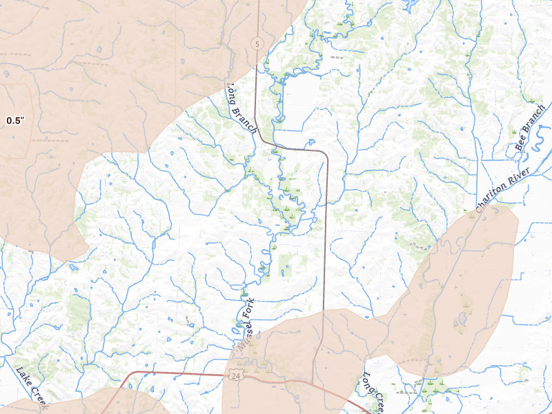 Radar-estimated hail-size map of the storm over Keytesville, MO on Mar 10, 2026