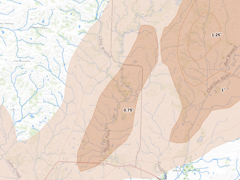 Radar-estimated hail-size map of the storm over Keytesville, MO on Apr 26, 2026