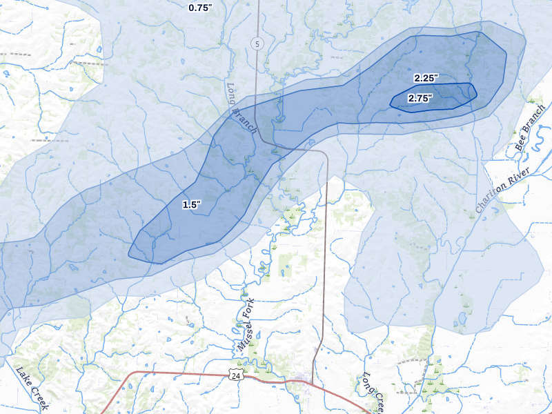 NEXRAD radar-signature map of the hail over Keytesville, MO