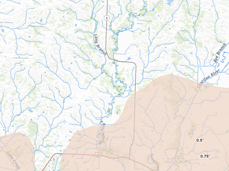 Radar-estimated hail-size map of the storm over Keytesville, MO on Apr 27, 2026