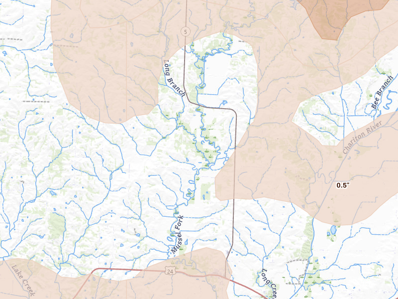 Radar-estimated hail-size map of the storm over Keytesville, MO on May 31, 2026