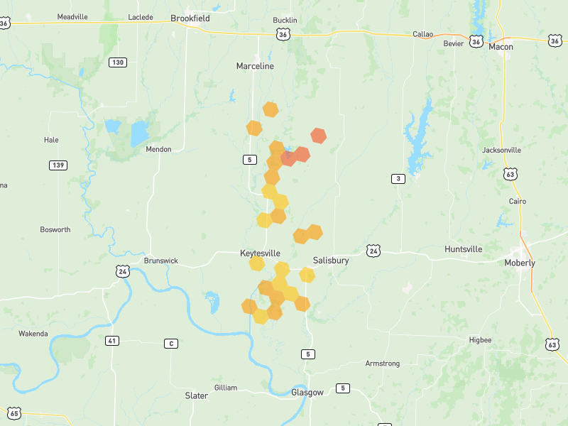 Hail map of Keytesville, MO on Jun 1, 2026, hail up to 1.75"