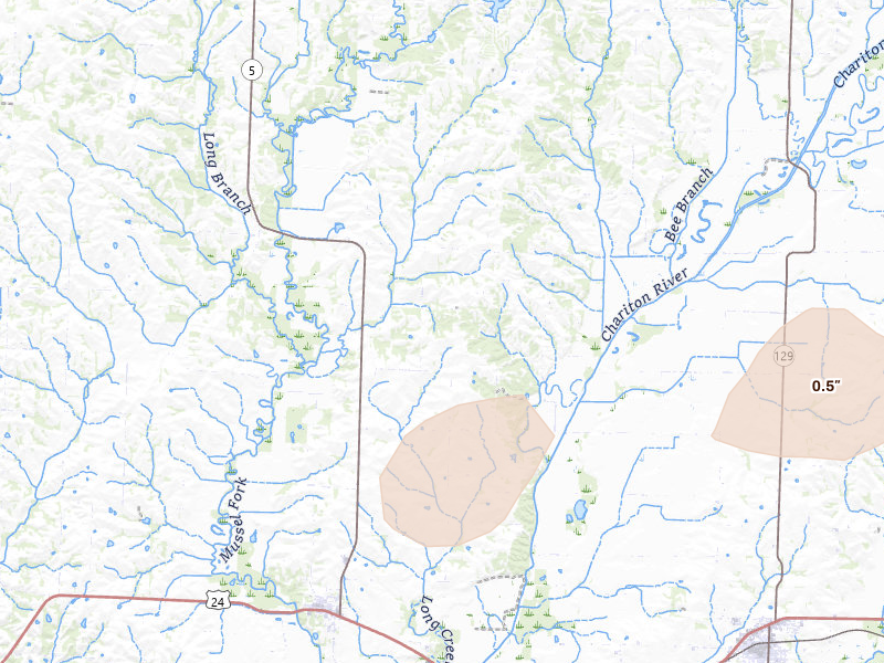 Radar-estimated hail-size map of the storm over Keytesville, MO on Aug 5, 2026
