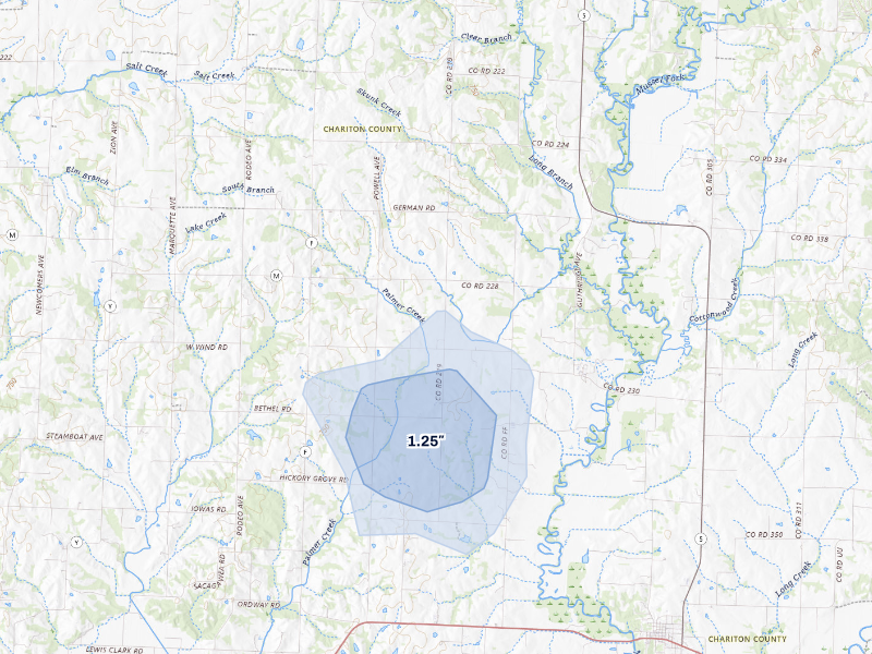NEXRAD radar-signature map of the hail storm over Keytesville, MO on Aug 5, 2026